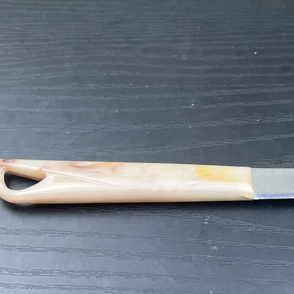 Vintage Cattaraugus for Tupperware 3 Prong Serving Knife Pink Marble Handle USA